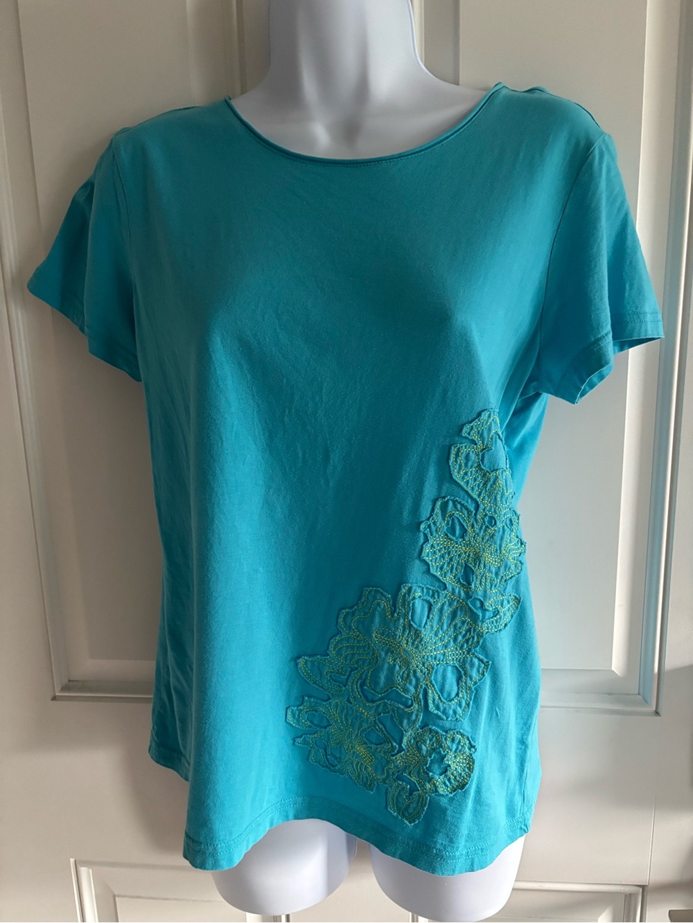 Talbots Turquoise Short-Sleeve Tee with Side Embroidery 100% Cotton